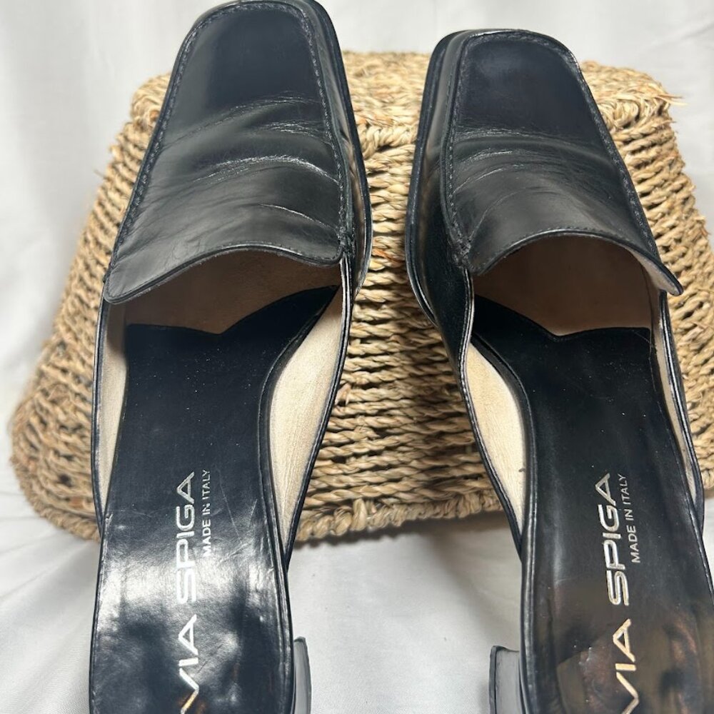 Via Spiga Black Leather Mule Heels Made in Italy Size 7 Slip On Sleek Minimalist - Picture 3 of 12